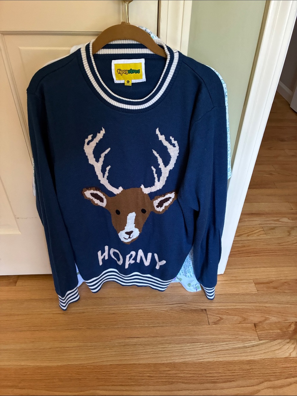 Tipsy Elves Navy Crewneck Sweater with Deer Graphic